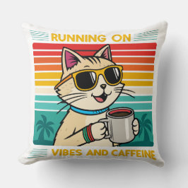 Retro Coffee Cat Vibes - Funny Caffeine Älskare Kudde