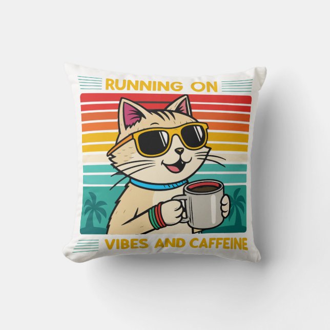 Retro Coffee Cat Vibes - Funny Caffeine Älskare Kudde (Framsida)