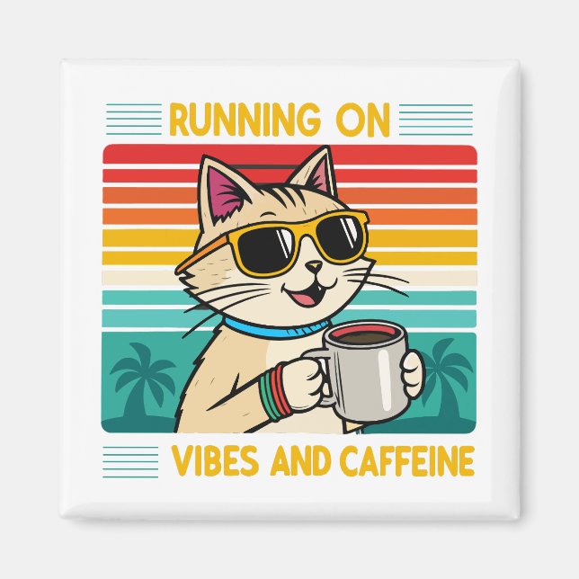 Retro Coffee Cat Vibes - Funny Caffeine Älskare Magnet (Framsidan)