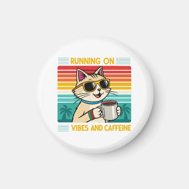 Retro Coffee Cat Vibes - Funny Caffeine Älskare Magnet (Framsidan)