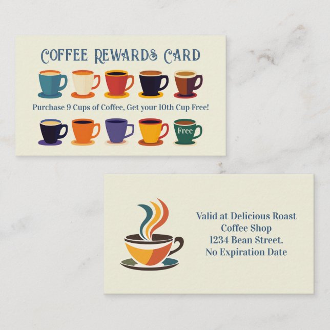 Retro Coffee Shop Rewards Loyalty Punch Card Visitkort (Fram/baksida)