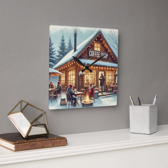 Retro Coffee Shop Vibes Fyrkantig Klocka (Kontor)