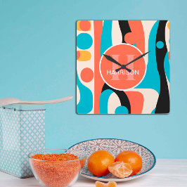 Retro Colorful Abstract Pattern with Monogram  Fyrkantig Klocka