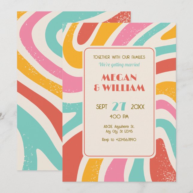 Retro Colorful abstrakt sömlös mönster bröllop Inbjudningar (Fram/baksida)