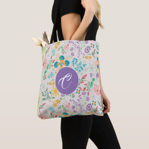 Retro Colorful Blommigt Monogram All-over Tote Bag Tygkasse