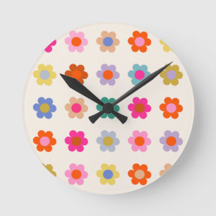 Retro Colorful Blommigt Preppy Abstrakt Flowers Rund Klocka