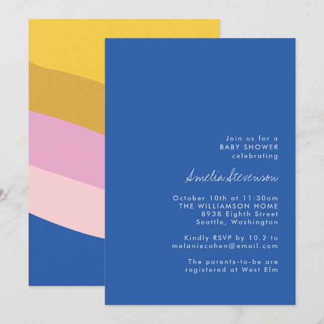 Retro Colorful Blue Gult Modern Baby Shower Inbjudningar (Fram/baksida)