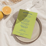 Retro Colorful Bright Funky Modern Boho Bröllop Meny<br><div class="desc">En färglös funky,  modern,  smart bröllop-middagsmeny. Med chicens malldesign för bakgrunden till vintagens grönt av blek och blå typografi och handskriven meny i blått. Och gröntens ljusa bakgrund. Perfekt och matchning med hela sviten.</div>