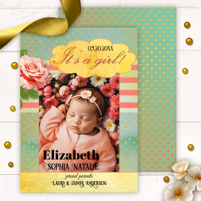 Retro Colorful Flicka Birth Announcement Card Meddelande (Retro baby girl birth announcement card featuring a photo of your baby on colorful watercolor )