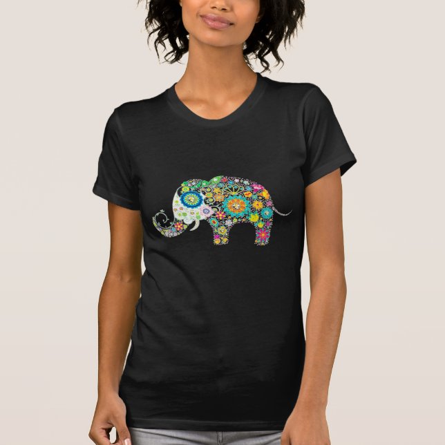 Retro Colorful Flower Elephant & Diamonds Mönster Tee Shirt (Framsida)