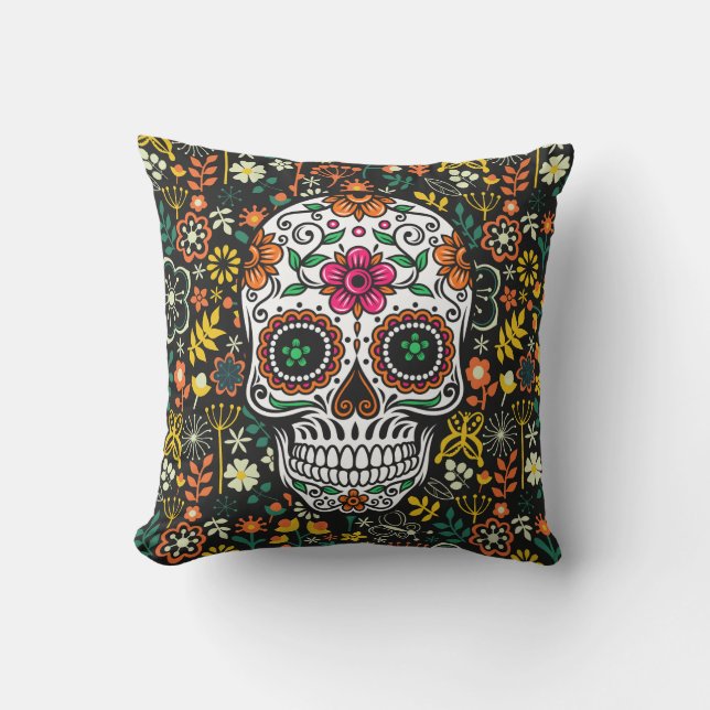 Retro Colorful Flowers & Sugar Skull Kudde (Framsida)