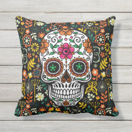 Retro Colorful Flowers & Sugar Skull Kudde