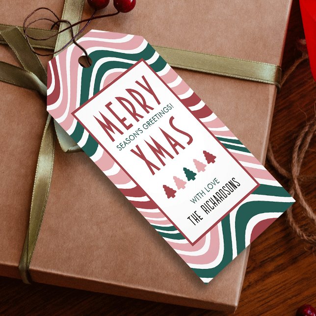 Retro Colorful Groovy Roligt Glad helg jul Presentetikett (Make your gift wrapping really pop with this colorful Merry Christmas gift tag in red and green)