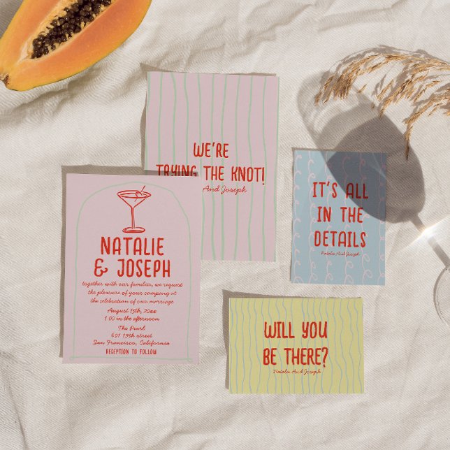 Retro Colorful Hand plockade Martini Quirky Bröllo Inbjudningar (Skapare uppladdad)