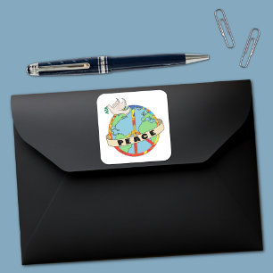 Retro Colorful Hand plockade World Peace with Dove Fyrkantigt Klistermärke