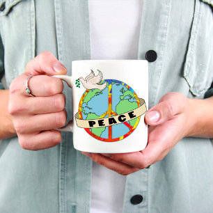 Retro Colorful Hand plockade World Peace with Dove Kaffemugg