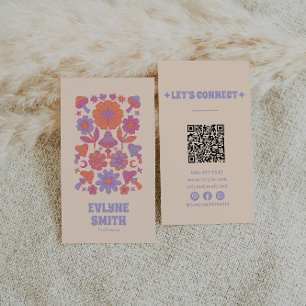 Retro Colorful QR Code Groovy Blommigt Funky Boho Visitkort