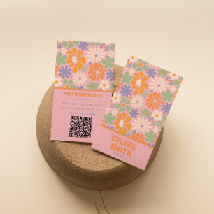 Retro Colorful QR Code Groovy Blommigt Girly Drawn Visitkort