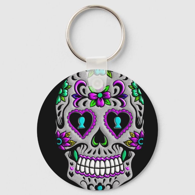 Retro Colorful Sugar Skull Nyckelring (Framsida)
