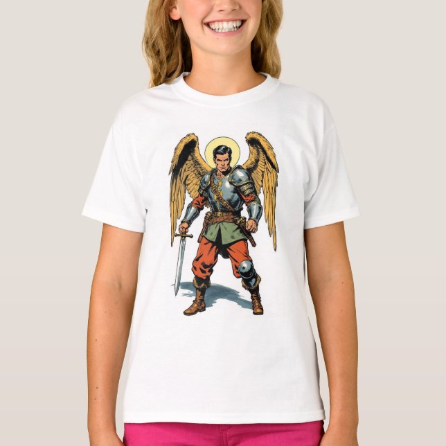 Retro Comic Style St Michael Girl's Tee Shirt (Framsida)