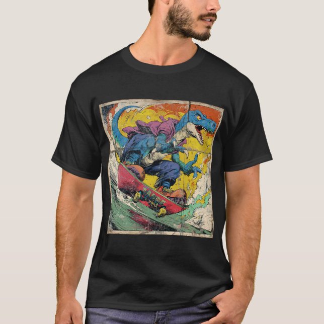 Retro Comic T-Rex Skateboarding T Shirt (Framsida)