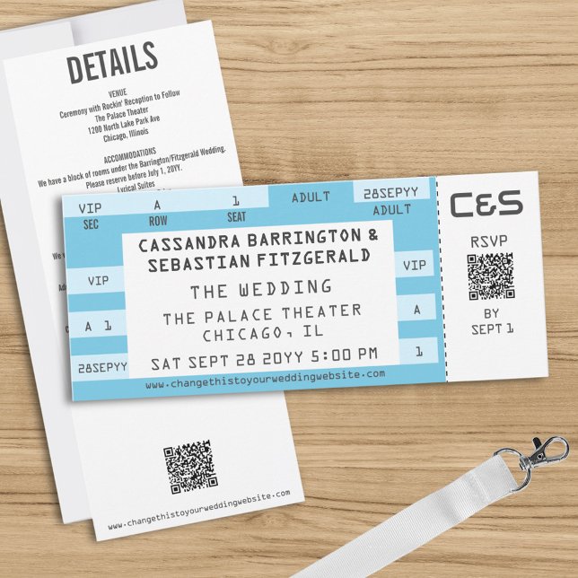 Retro Concert Ticket All-in-One Blue Wedding Inbjudningar (Custom concert ticket all-in-one wedding invites for your music theme wedding)