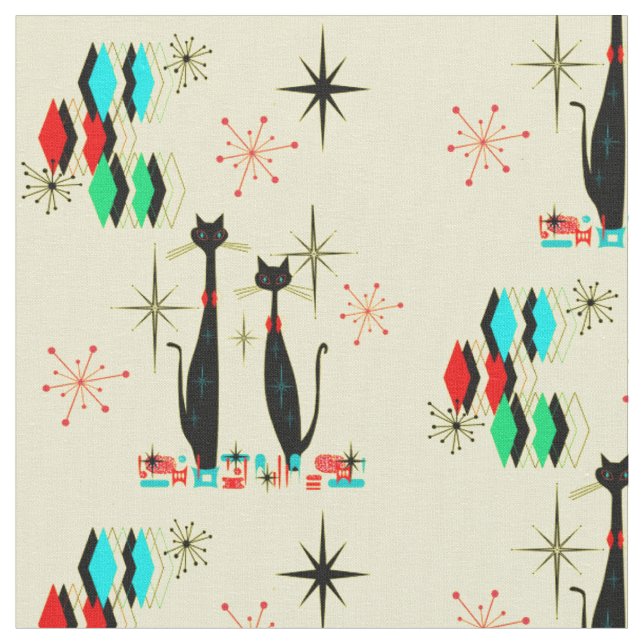 Retro Coola Cats & Starbursts Mid Century Modern  Tyg (Närbild)