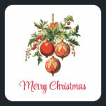 Retro Coola Julgran Dekorationer Fyrkantigt Klistermärke<br><div class="desc">Stickrar med illustration av vintage stil. Tre röda jultomter omgivna av grönt och bär. Snyggtens återutformning.</div>