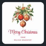 Retro Coola Julgran Dekorationer Fyrkantigt Klistermärke<br><div class="desc">Stickrar med illustration av vintage stil. Tre röda jultomter omgivna av grönt och bär. Snyggtens återutformning.</div>
