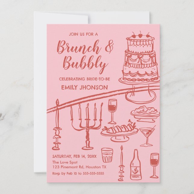 Retro coquete pink brunch and bubbly invitation inbjudningar (Framsida)