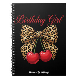 Retro Coquette Birthday Girl Leopard Bow Cherries Anteckningsbok