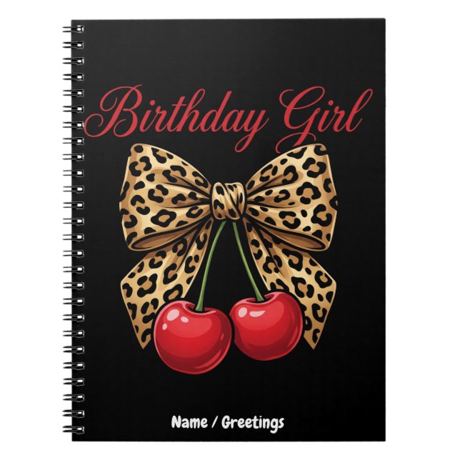Retro Coquette Birthday Girl Leopard Bow Cherries Anteckningsbok (Framsidan)