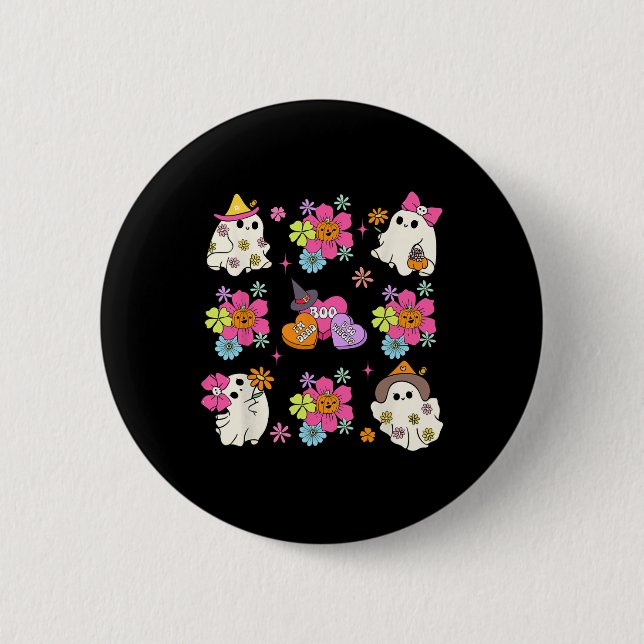 Retro Coquette Boo Ghost Bow Pumpkin Flowers Hallo Knapp (Framsida)