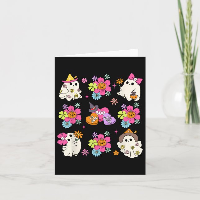 Retro Coquette Boo Spökbåge Pumpa Blommor Hallowee Kort (Framsida)