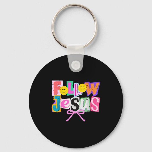 Retro Coquette Cute Follow Jesus Bible Verse Faith Nyckelring (Framsida)