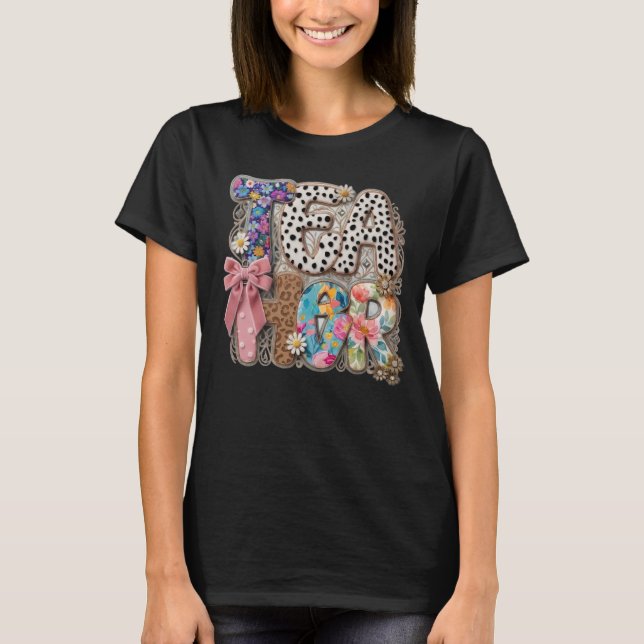 Retro Coquette Lärare - Blommig Leopard  T Shirt (Framsida)