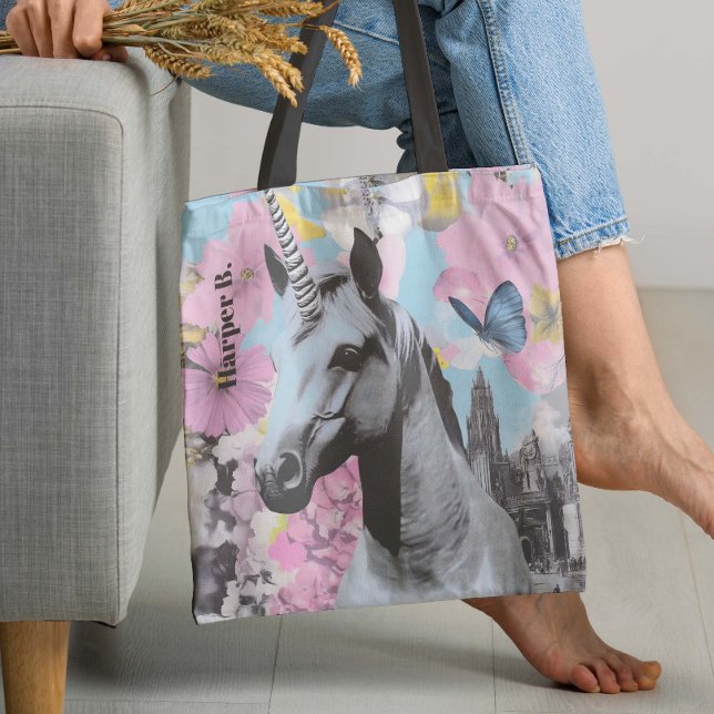 Retro Coquette Rosa och Blue Unicorn Collage Tygkasse (Perfect for adding a playful yet sophisticated charm, this tote bag design enhances any ensemble.)