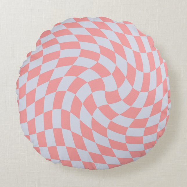 Retro Coral Blue Checkes Warpe Checkated Dorm Rund Kudde (Framsidan)
