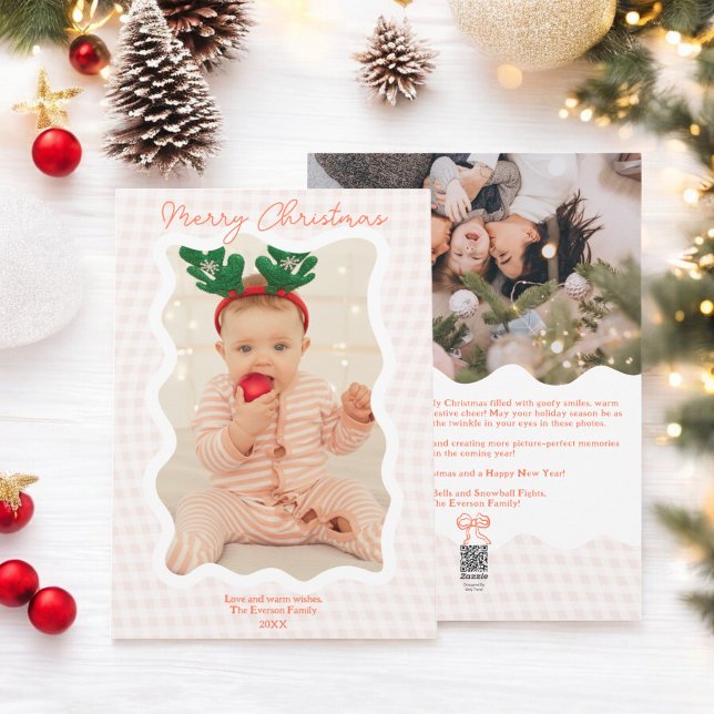 Retro coral Gingham God jul Vågigt 2 foton Julkort (Retro coral Gingham Merry Christmas Wavy 2 photos Holiday Card)
