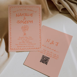 Retro Coral Hand Drawn QR Code Quirky Wedding Inbjudningar