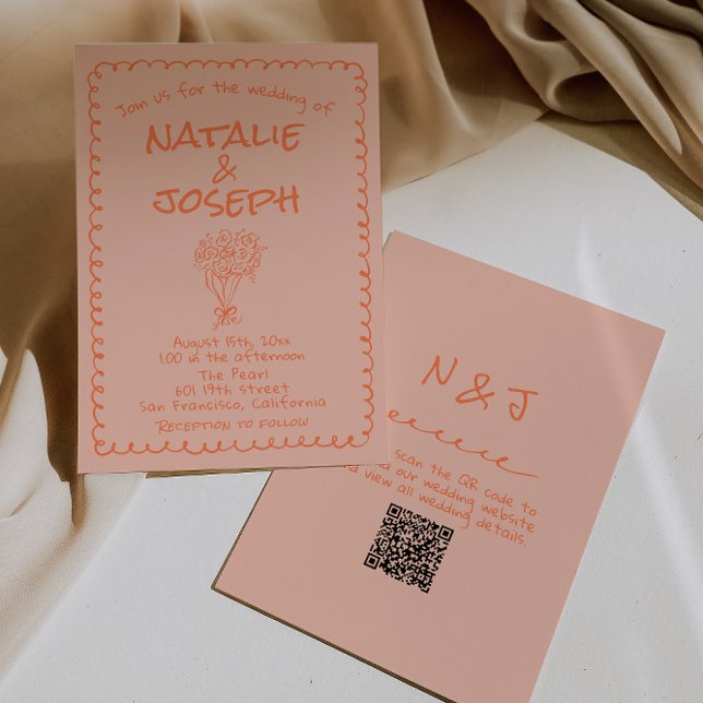 Retro Coral Hand Drawn QR Code Quirky Wedding Inbjudningar (Skapare uppladdad)