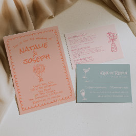 Retro Coral Hand Drawn Written Quirky Fun Wedding Inbjudningar