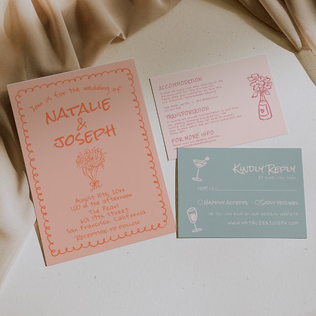 Retro Coral Hand Drawn Written Quirky Fun Wedding Inbjudningar (Skapare uppladdad)