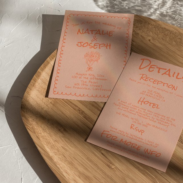 Retro Coral Hand Written Quirky All In One Wedding Inbjudningar (Skapare uppladdad)