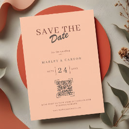 Retro Coral Peach QR-kod Spara Datum Bröllop Inbjudningar