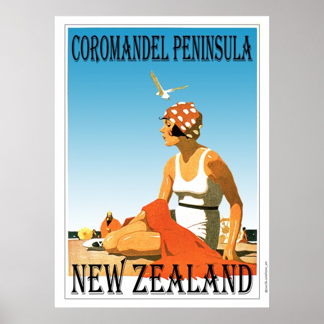 Retro Coromandel Peninsula Beach Poster Nya Zealan (Framsidan)