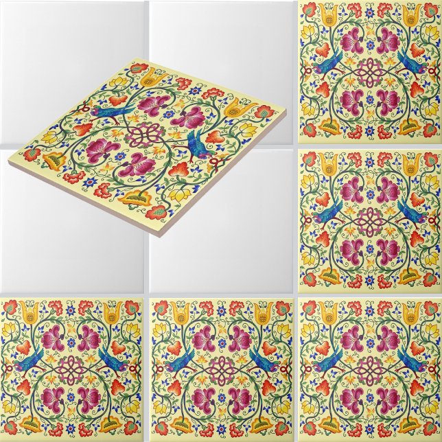 Retro Country Chickens In Flower Garden Pattern Kakelplatta (Skapare uppladdad)