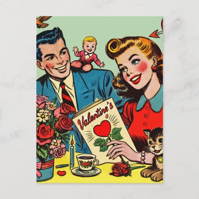 Retro Couple Kärlek Valentines Tecknader Vykort (Framsida)