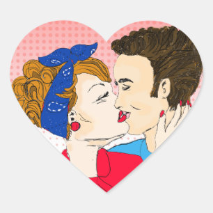 Retro Couple Kissing Romantic Flirty Hjärtformat Klistermärke
