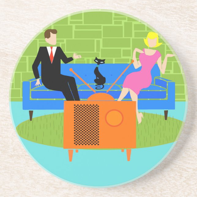 Retro Couple med Cat Sandstone Underlägg Sandsten (Framsidan)